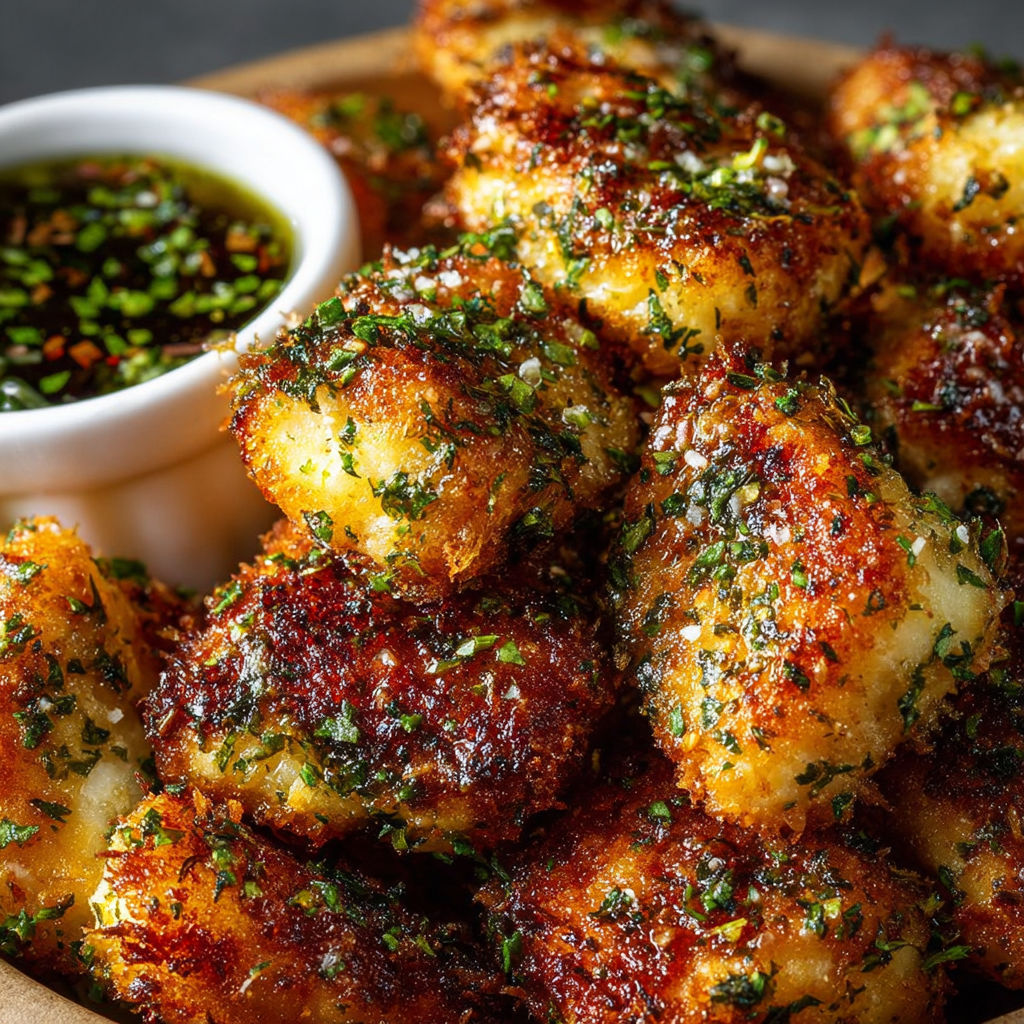 Une recette de pâtes frites avec une sauce de pesto et des herbes.