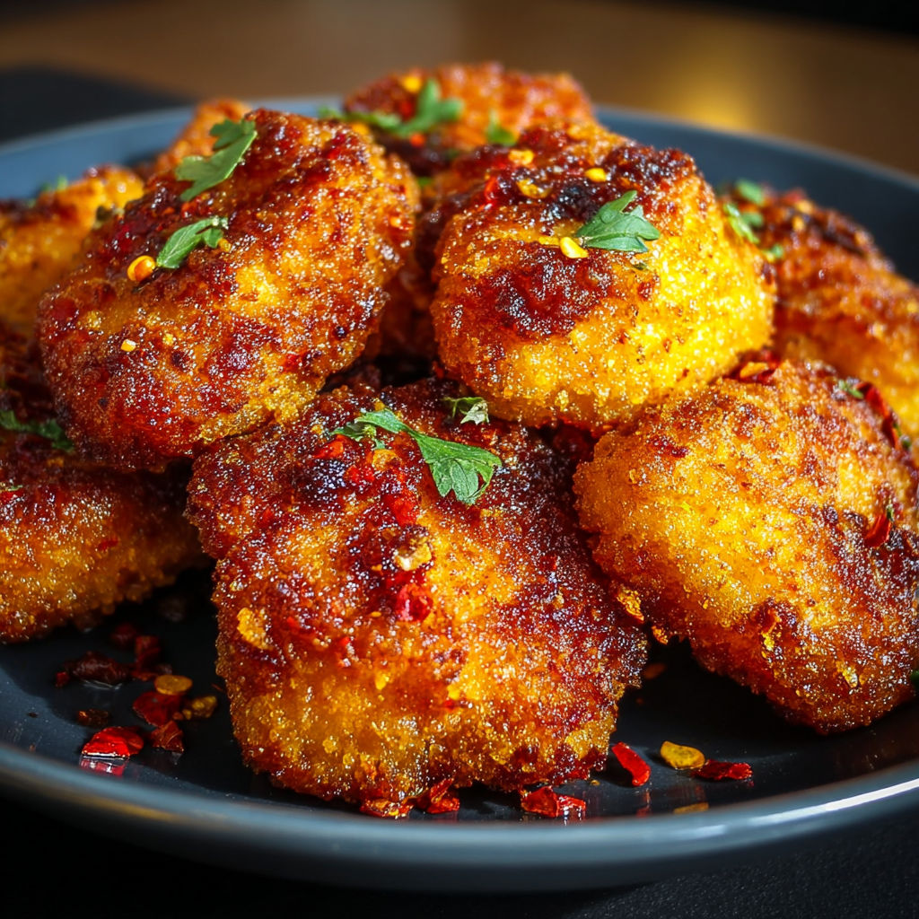 Une assiette de nuggets épicés au paprika, avec des herbes et des épices pour ajouter de la saveur.