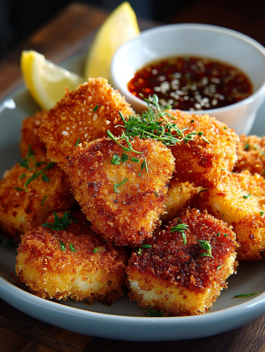 Une recette de friture de poisson avec une sauce au citron et une garniture de persil.