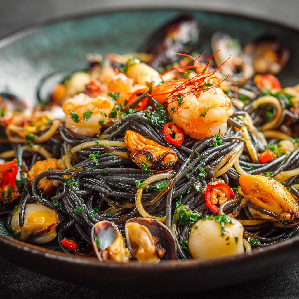 Une plate de spaghetti à la carbonara, avec des tomates cerises, des oignons, des champignons et des noix de cajou.