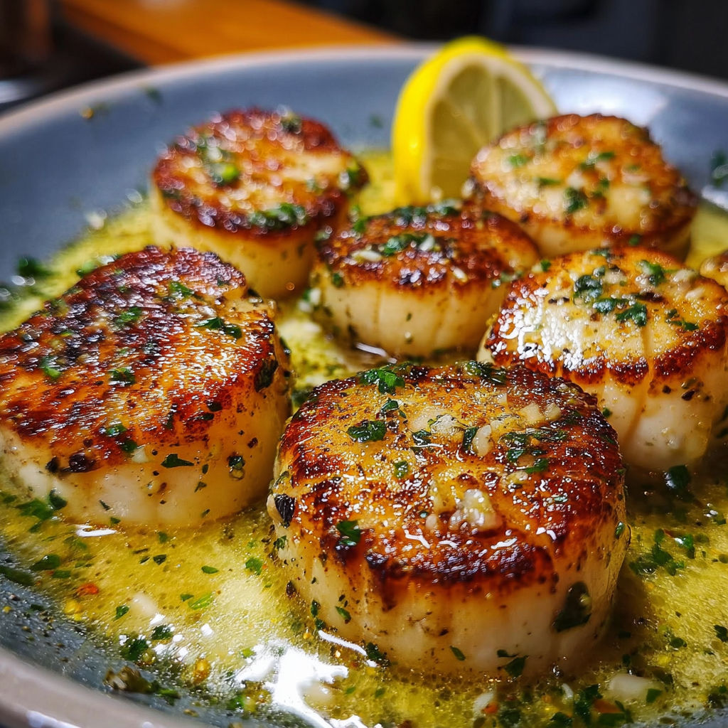Saint-Jacques Sautées au Beurre et Citron - Des coquilles Saint-Jacques sautées dans une sauce au beurre et au citron, accompagnées de citrons verts et de herbes fraîches.