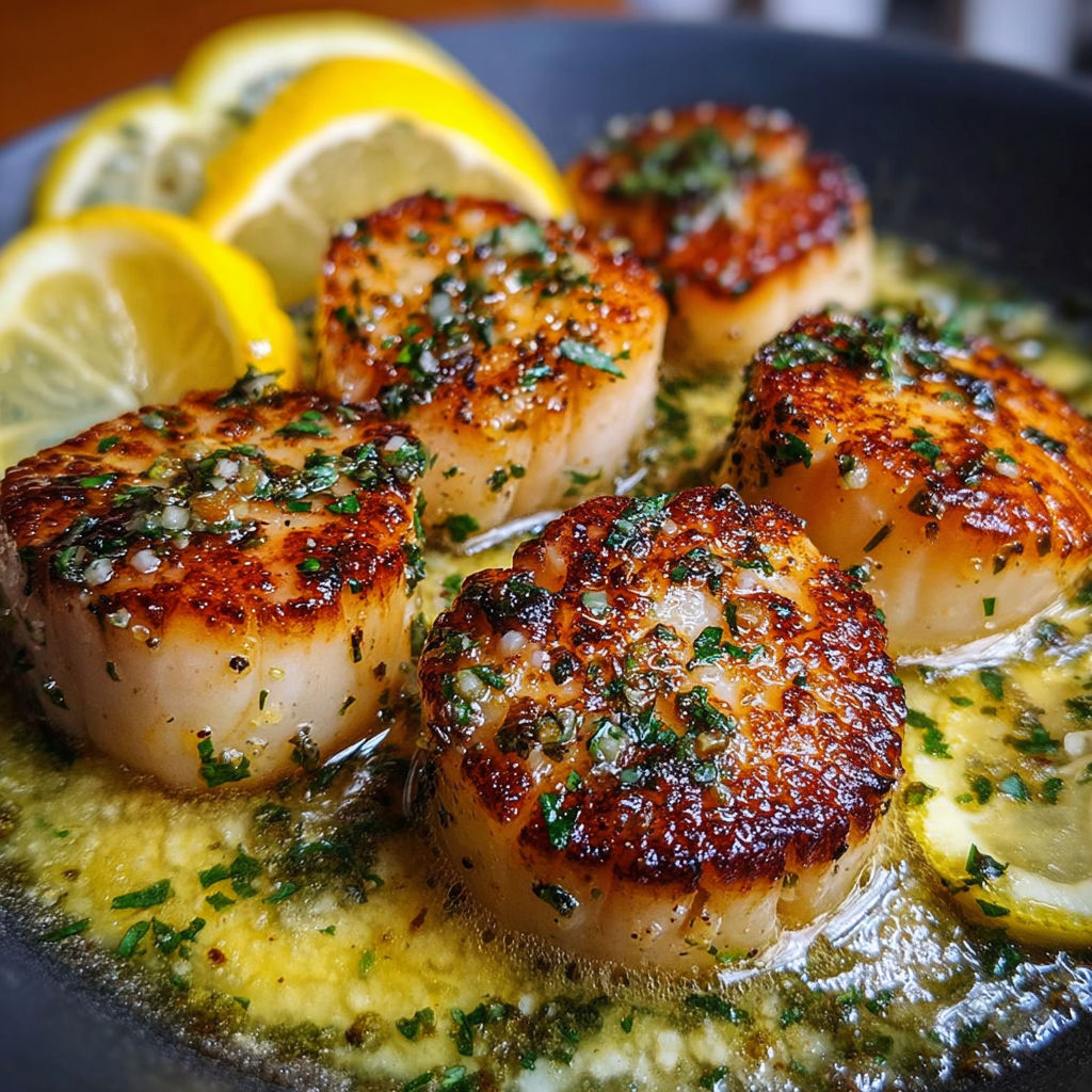 Une recette de coquilles Saint-Jacques avec des citrons et des herbes.