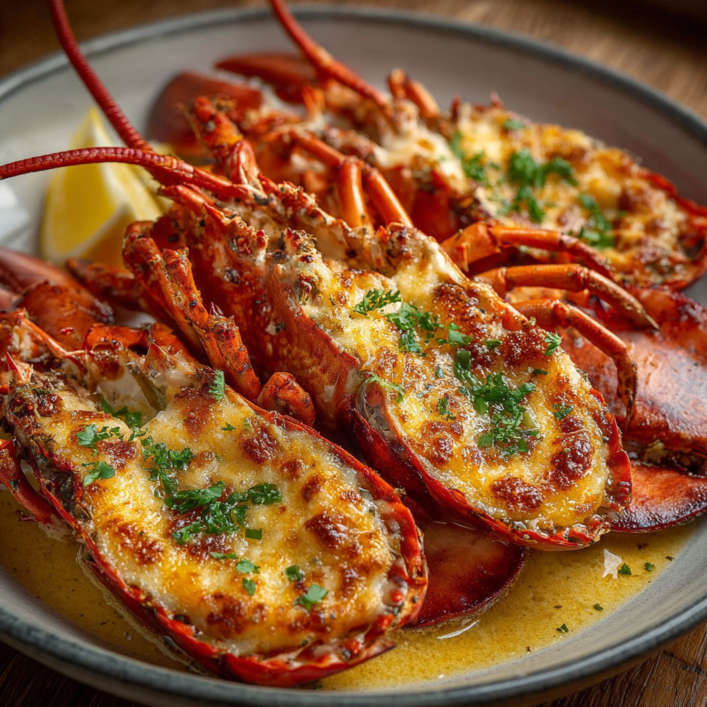 Unsure of the recipe name, but the image features a plate of cooked lobster with a lemon wedge on top, served with a side of garlic butter.