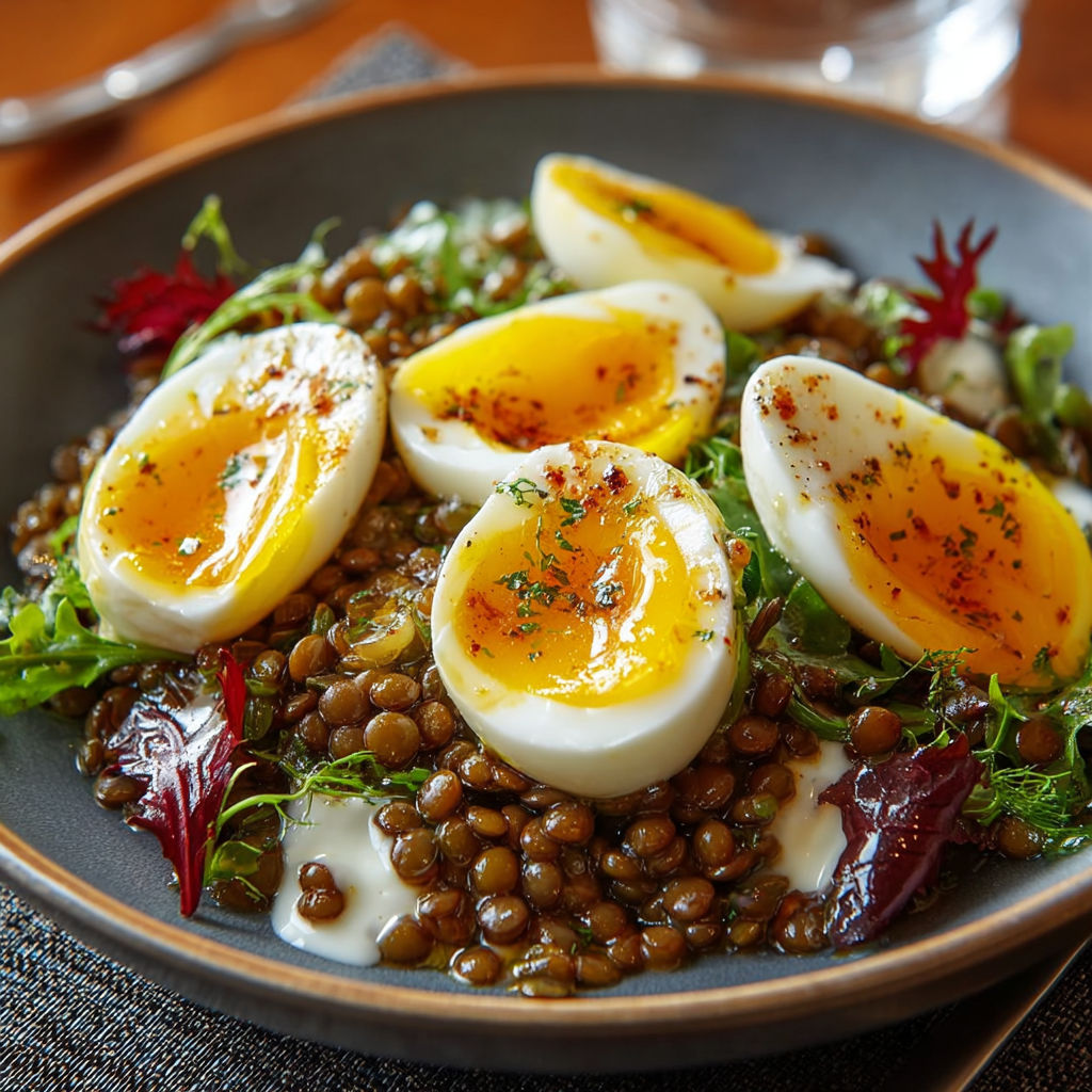 Une salade tiède de lentilles et d'œufs mollets, servie dans un bol en verre.