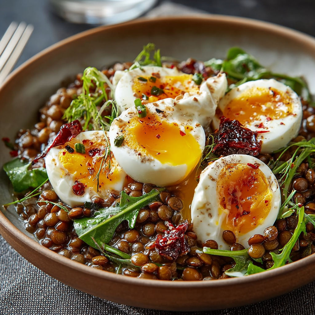 Salade de lentilles servie avec œufs mollets et persil frais.
