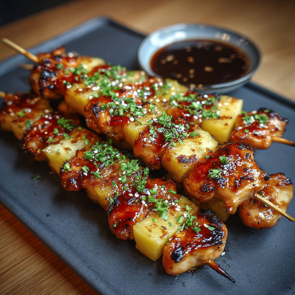 Des brochettes de poulet teriyaki et d'ananas, garnies d'herbes et de sauce, servents de plat principal pour une délicieuse cuisine asiatique.
