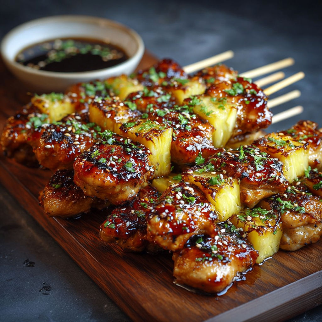 Brochettes de poulet teriyaki et ananas grillées.