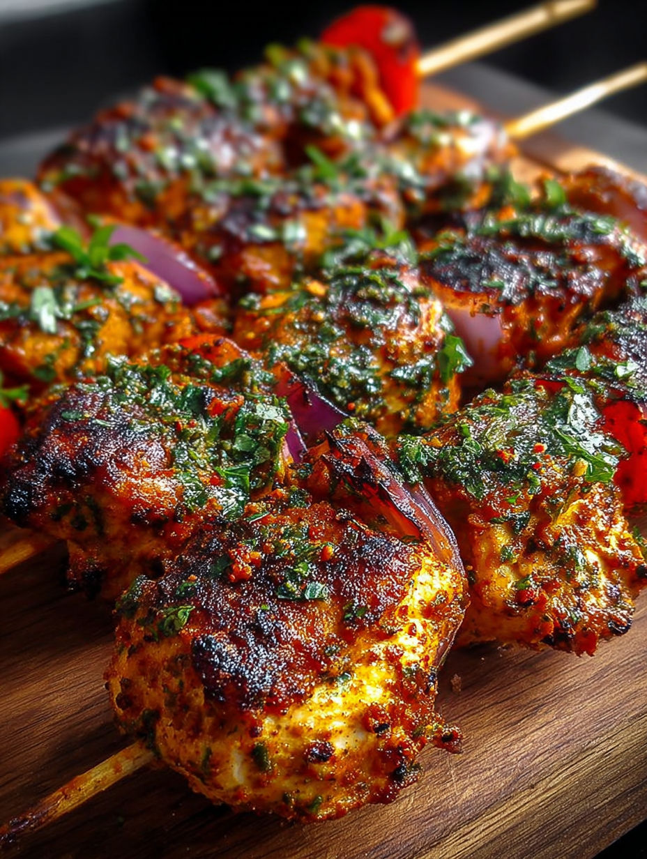 Poulet tikka grillé avec oignons et herbes fraîches.