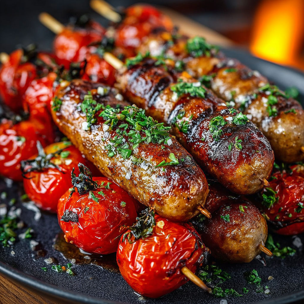Une plaque de cuisine avec des brochettes de saucisses et des tomates.