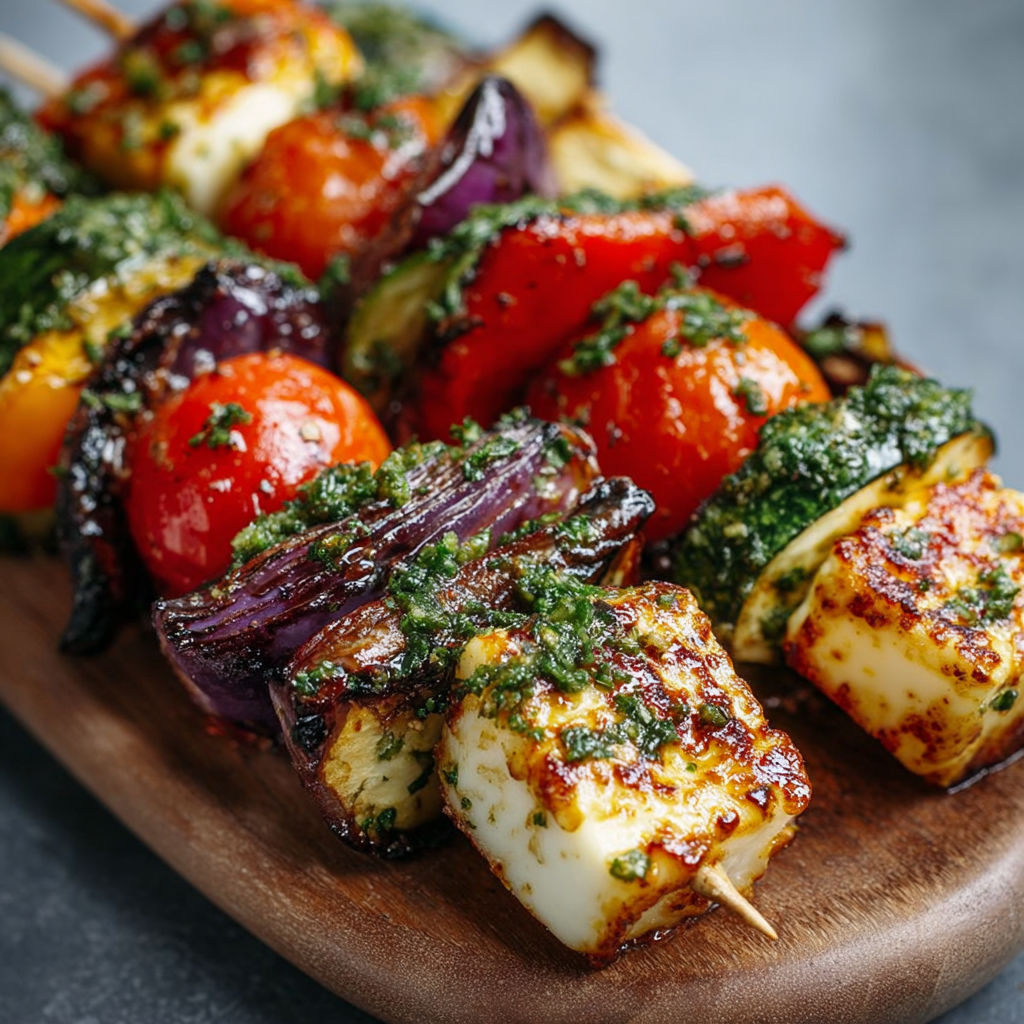 Une plaque de bois avec des brochettes de légumes et de halloumi, prêts à être grillés.