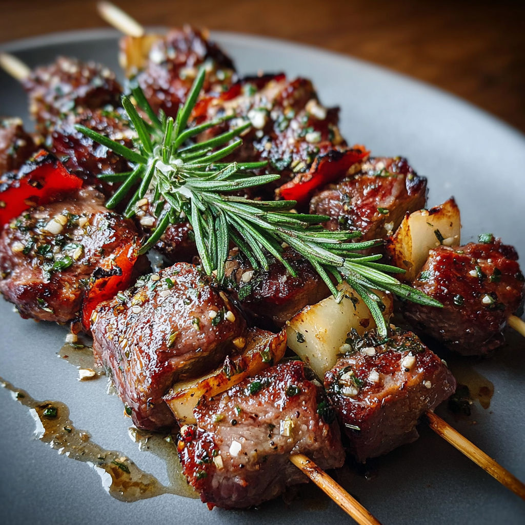 Des brochettes d'agneau au romarin, avec des herbes et des épices, sont servies sur une assiette.