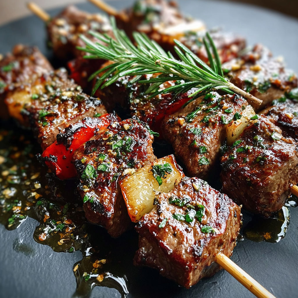 Brochettes d'agneau grillées au romarin et à l'ail.