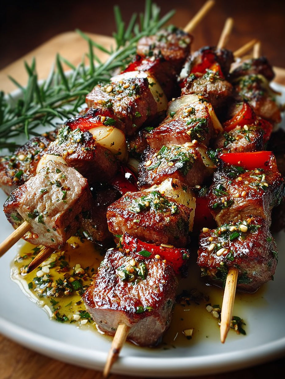 Kebab d'agneau grillé aux herbes méditerranéennes.