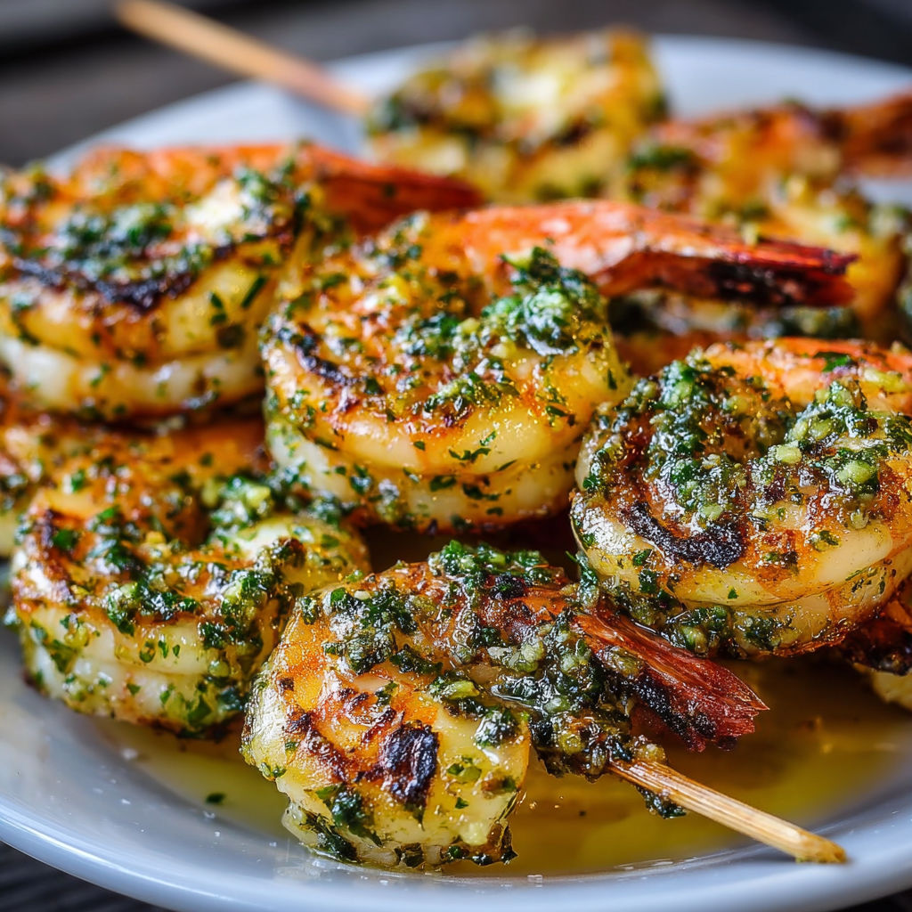 Brochettes de crevettes grillées au beurre d'ail servies sur une assiette blanche.