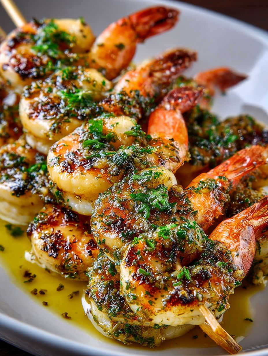 Crevettes nappées de sauce ail et fines herbes sur assiette blanche.