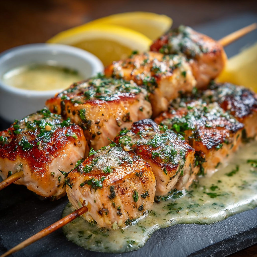 Brochettes de saumon grillé au citron sur plaque de granit.