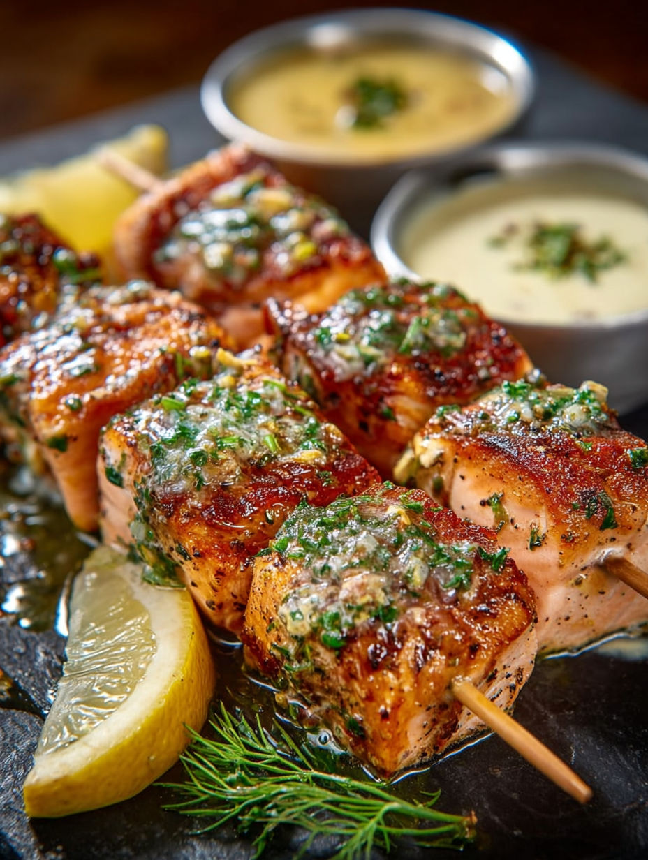 Brochettes de saumon grillé avec sauce au yaourt et herbes.