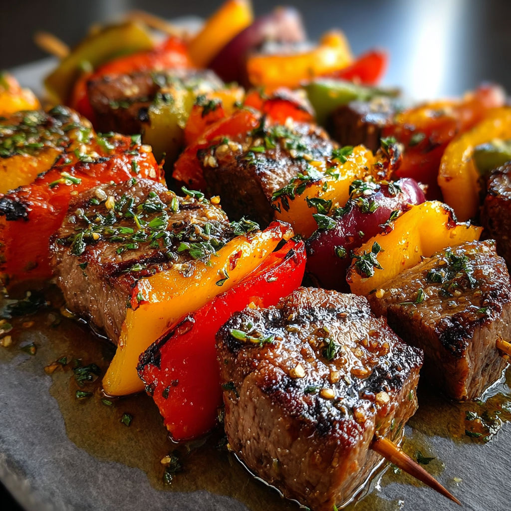 Brochettes de bœuf mariné aux poivrons grillées.
