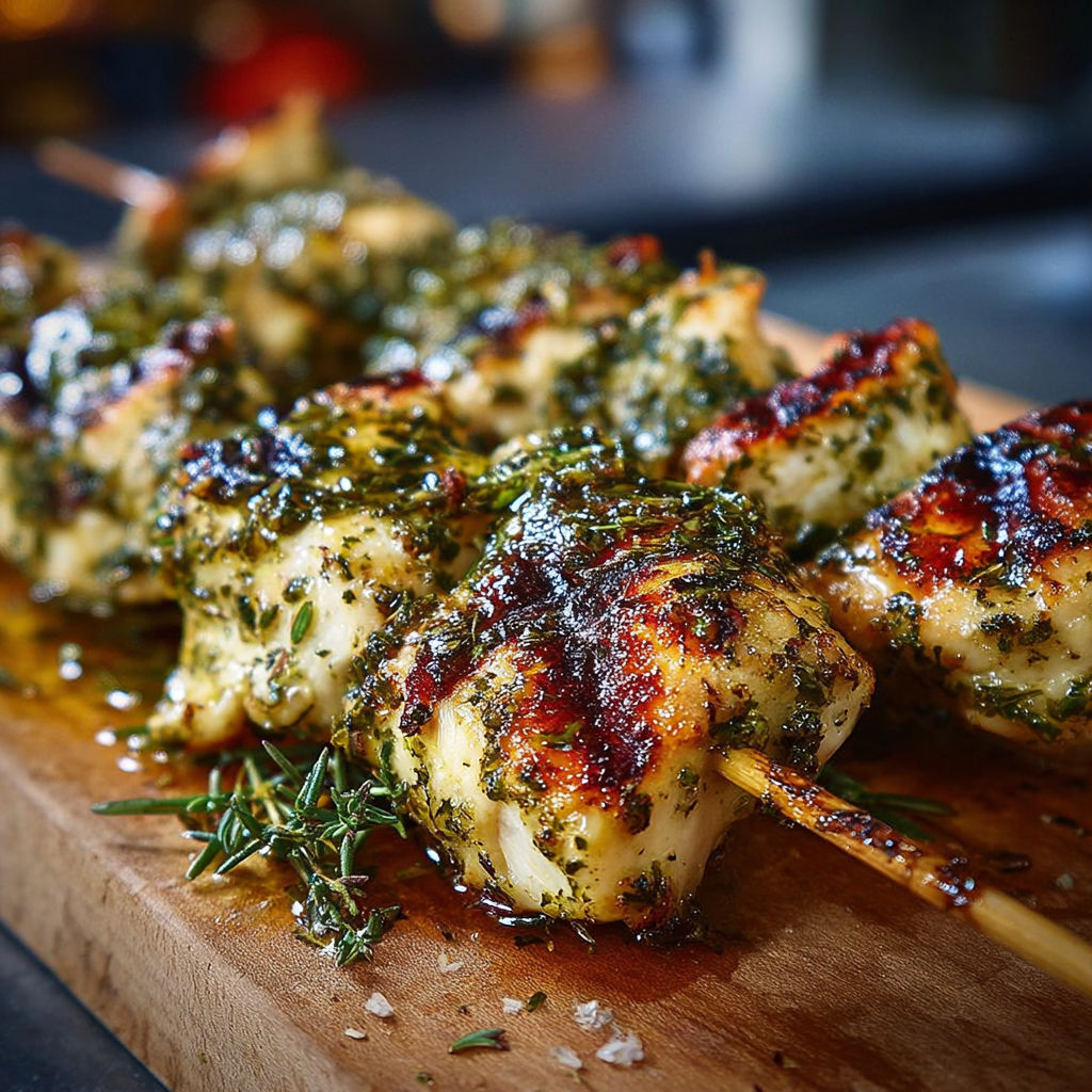 Brochettes de poulet grillé aux herbes présentées sur une planche.