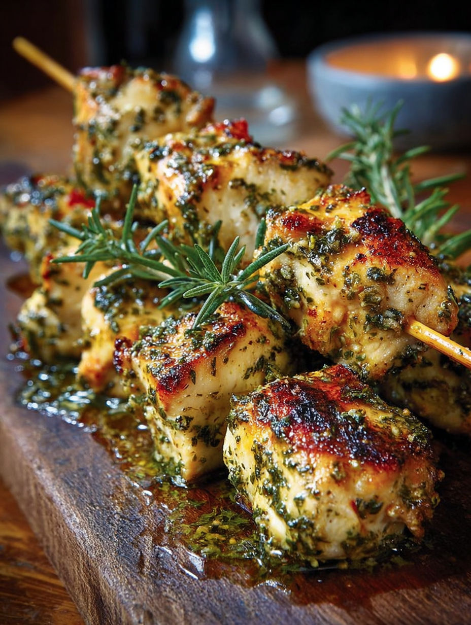 Kebab de poulet aux herbes et épices sur plateau en bois.