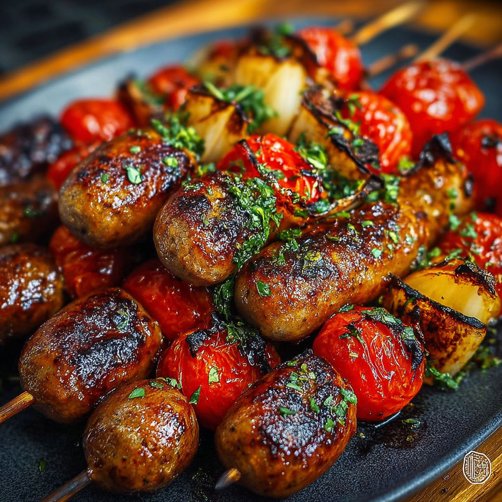 Brochettes de saucisses et tomates cerises grillées au barbecue.