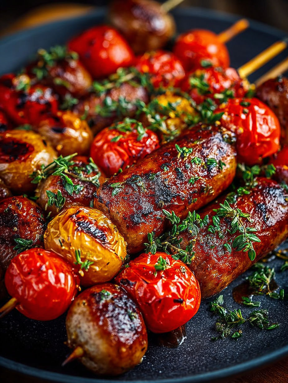 Grillade conviviale de rondelles de saucisses et légumes d'été.