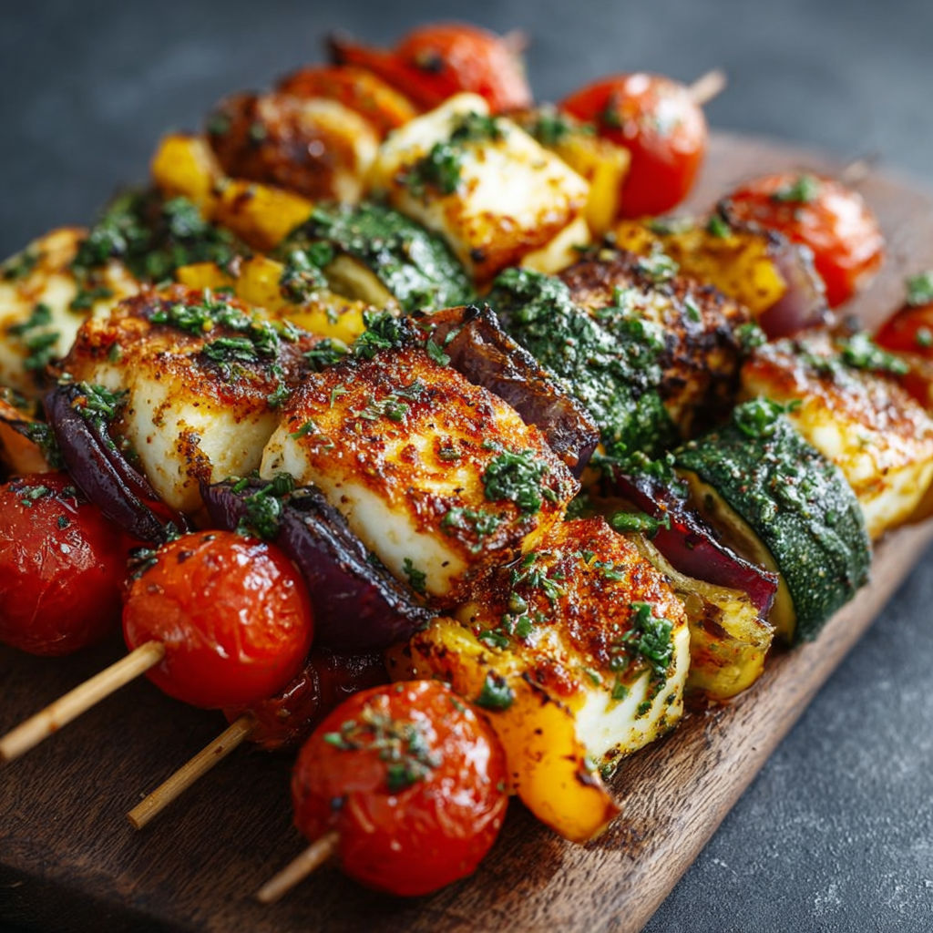 Brochettes de légumes et halloumi sur le grill.