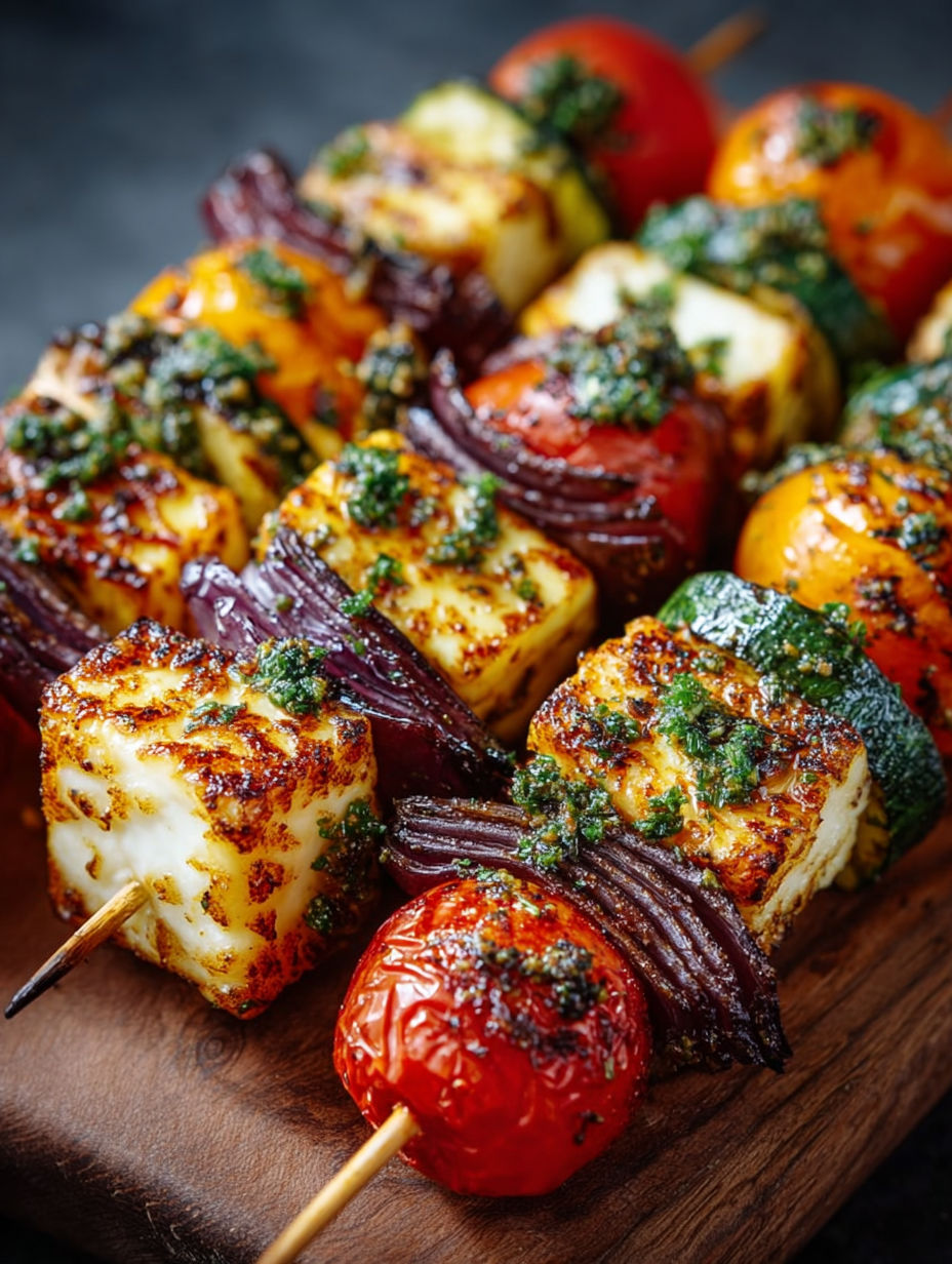 Légumes grillés colorés sur pics à brochettes.