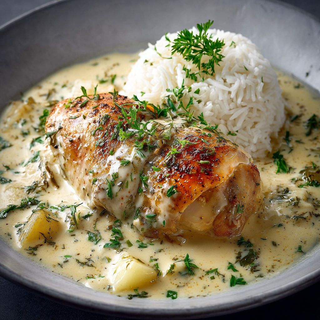 Poule au riz traditionnelle servie avec une sauce suprême onctueuse et des légumes.