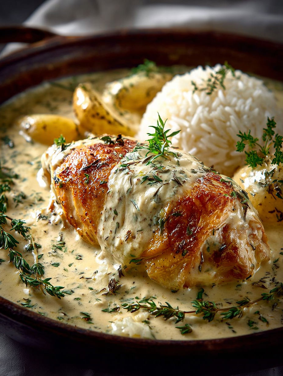 Assiette généreuse de poule au riz et sa garniture de légumes fondants.