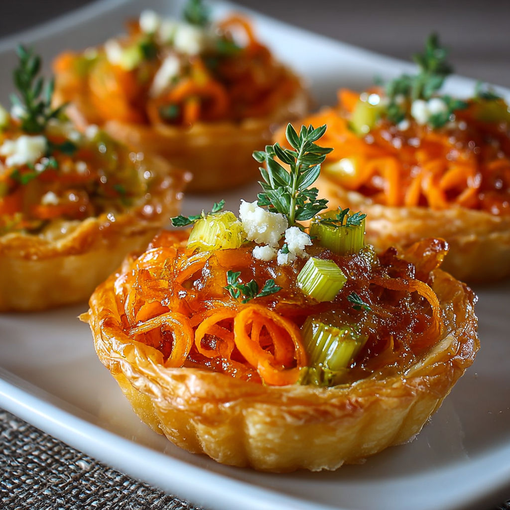 Mini tatin aux carottes caramélisées, poireaux et feta émiettée.