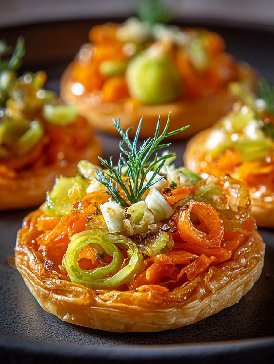Présentation de mini tatins salées aux légumes d'hiver et romarin.