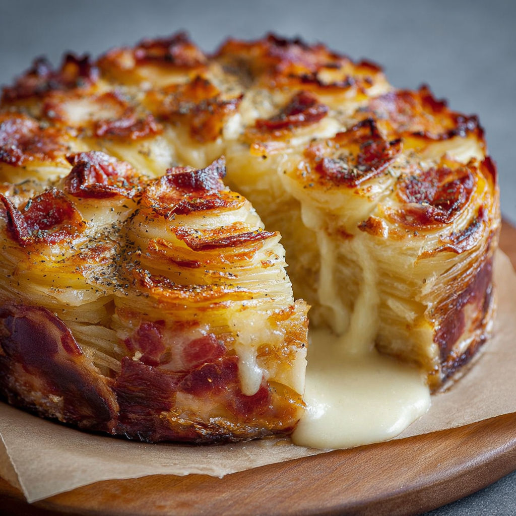 Un gâteau pomme de terre reblochon est présenté sur une planche de bois.