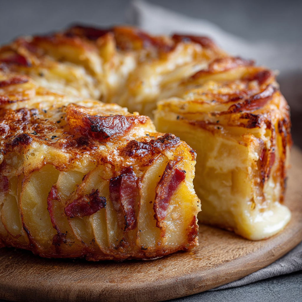 Gâteau de pommes de terre au reblochon et lard fumé, démoulé et doré.