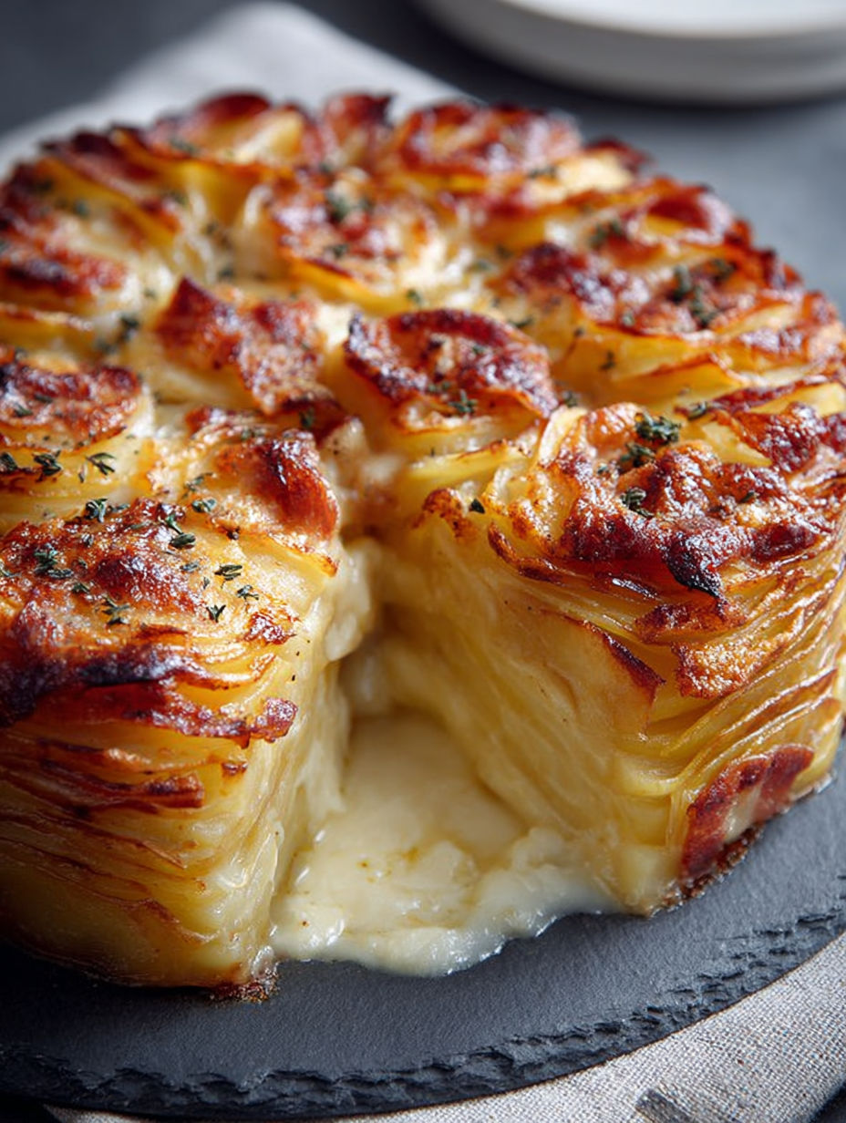Part de gâteau de pomme de terre fondant au reblochon et lard croustillant.