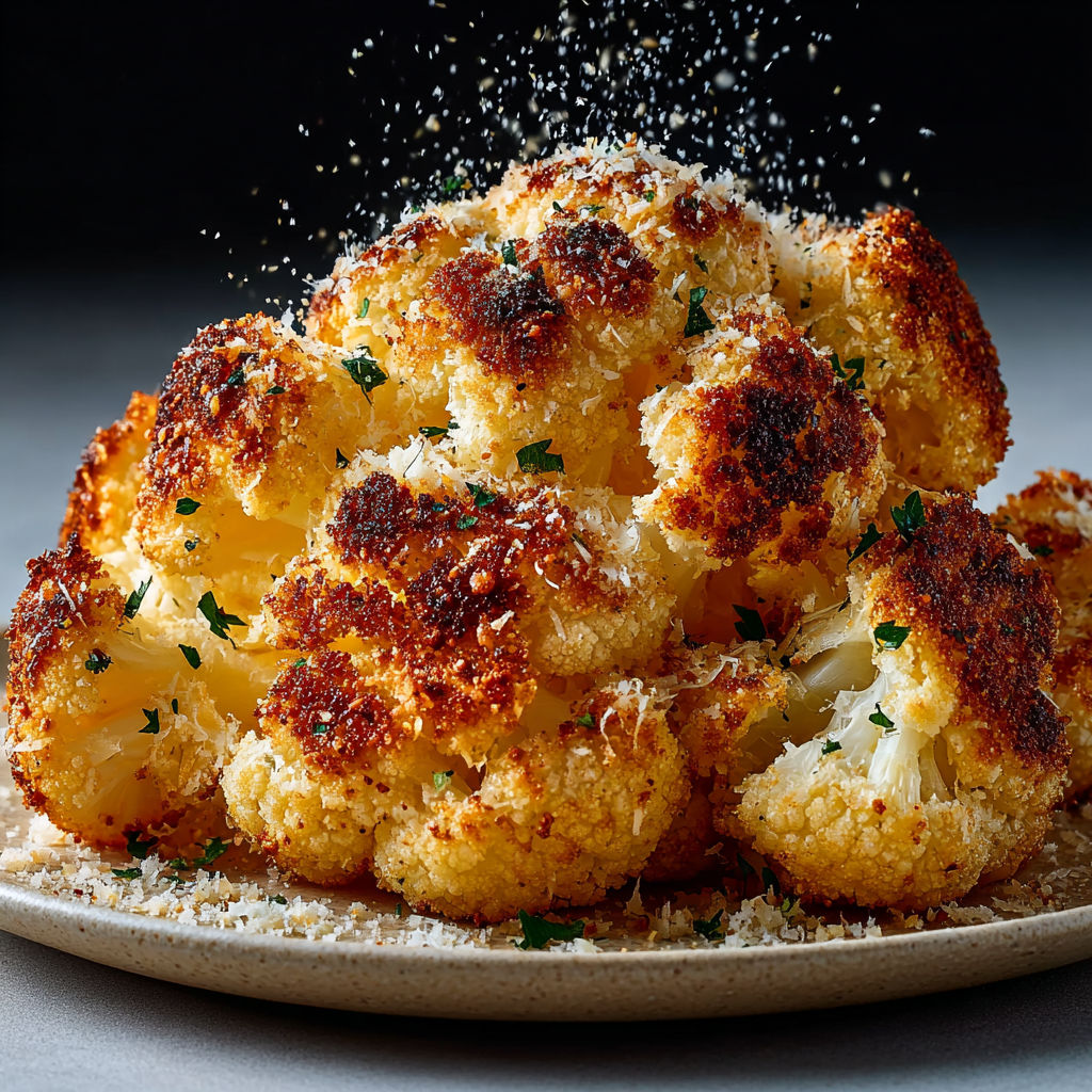 Une pile de chou-fleur rôti au Parmesan, avec une poudre de Parmesan sur le dessus.