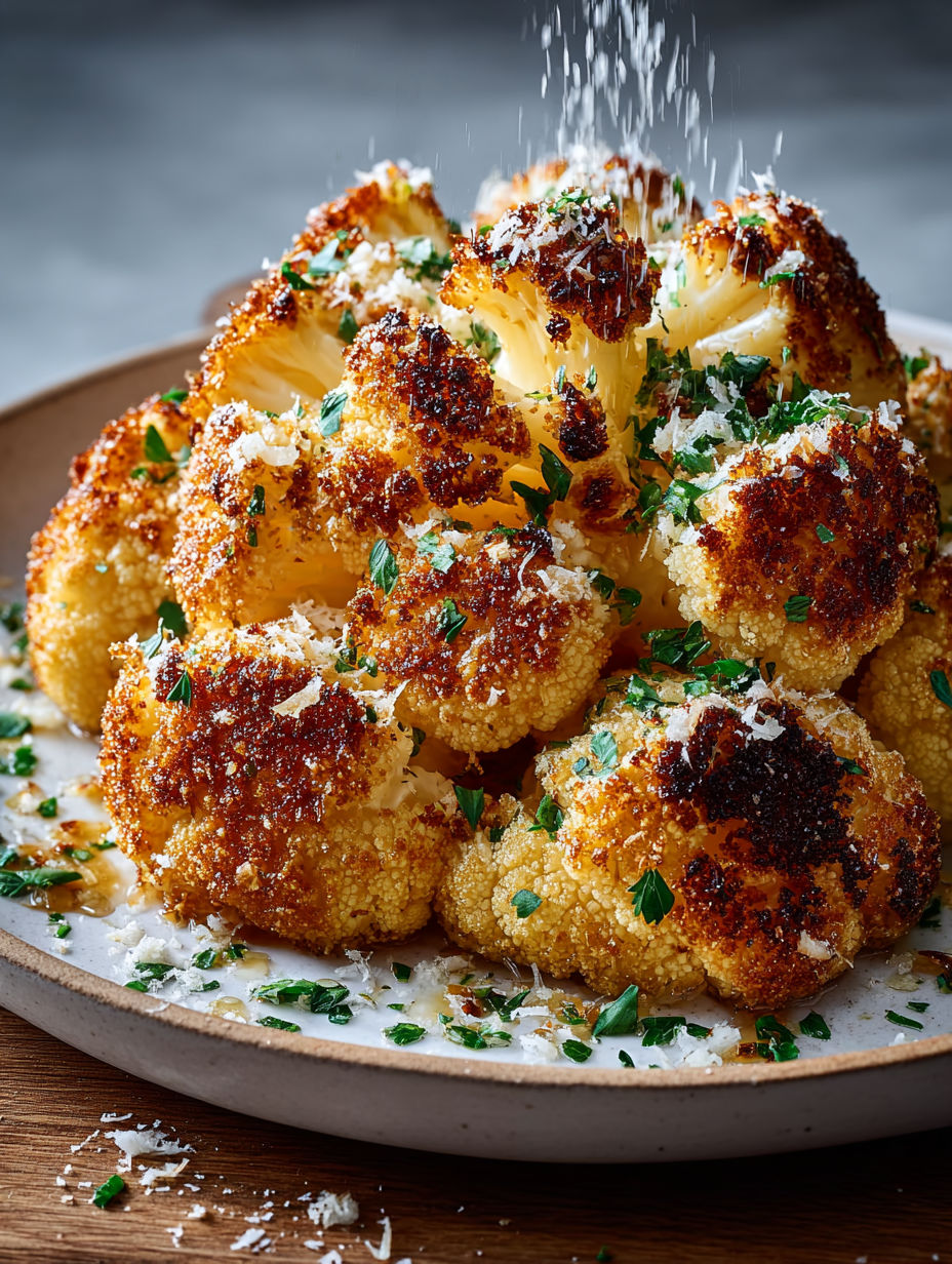 Chou-fleur rôti croustillant au parmesan et persil frais dans une assiette.