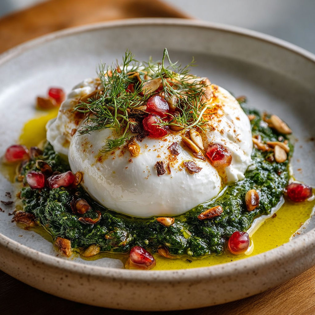 Burrata crémeuse servie avec un pesto d'épinards frais et zestes de citron.