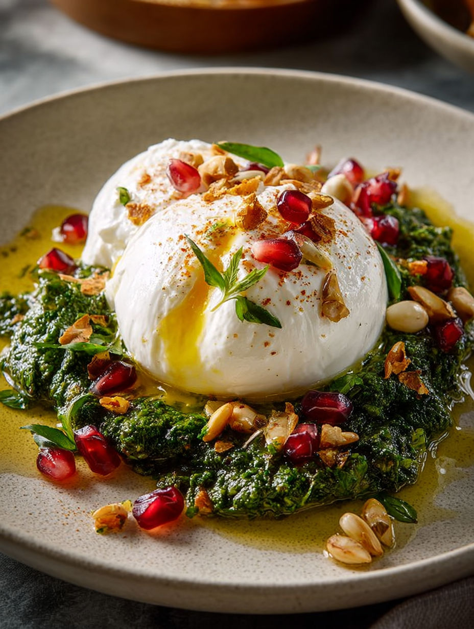 Burrata italienne au pesto d'épinards et pignons de pin sur assiette élégante.