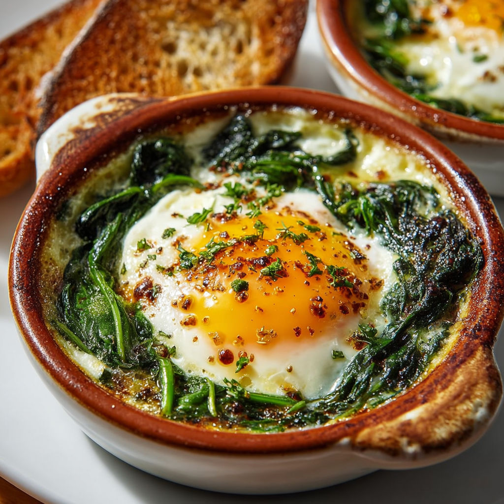 Une poêlée d'œufs cocottes avec des épinards et du chèvre, prête à être servie.