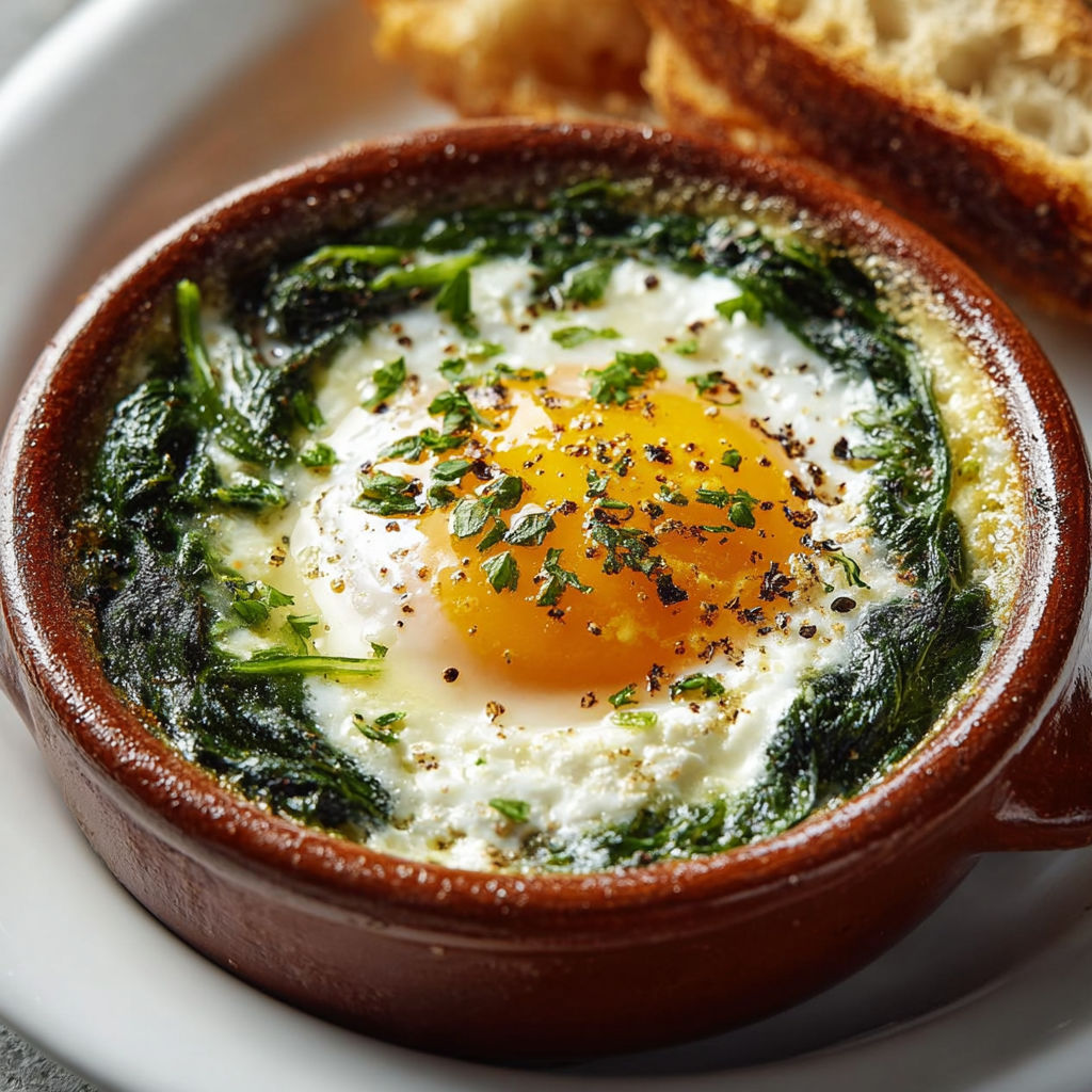 Œufs cocotte au chèvre et épinards sortant du four.