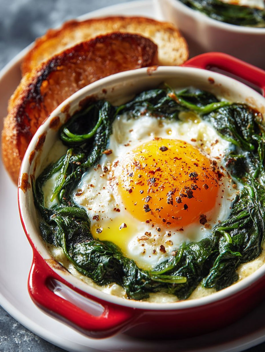 Ramequin d'œuf cocotte fondant avec mouillettes de pain grillé.