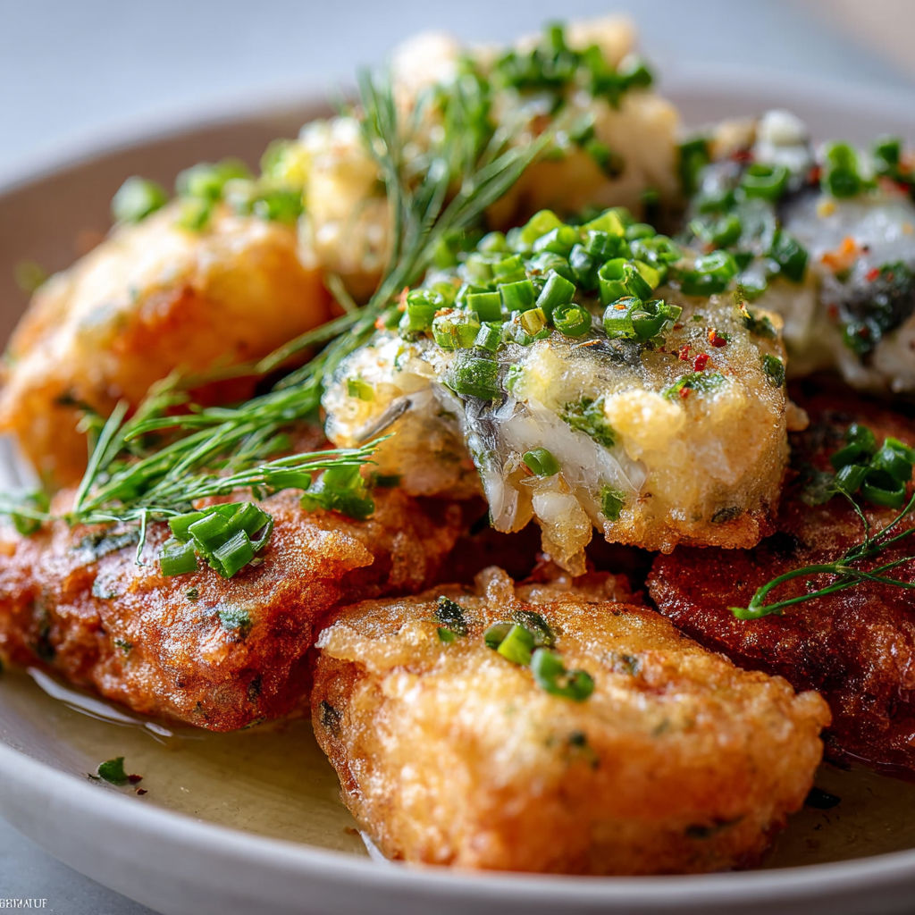Une assiette de delices maison, avec des acras de morue traditionnels, des herbes et des légumes.