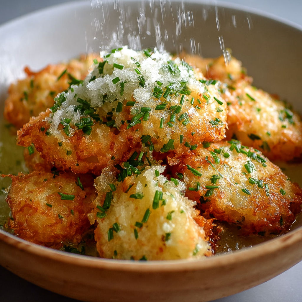 Acras de morue croustillants et dorés servis avec des herbes.