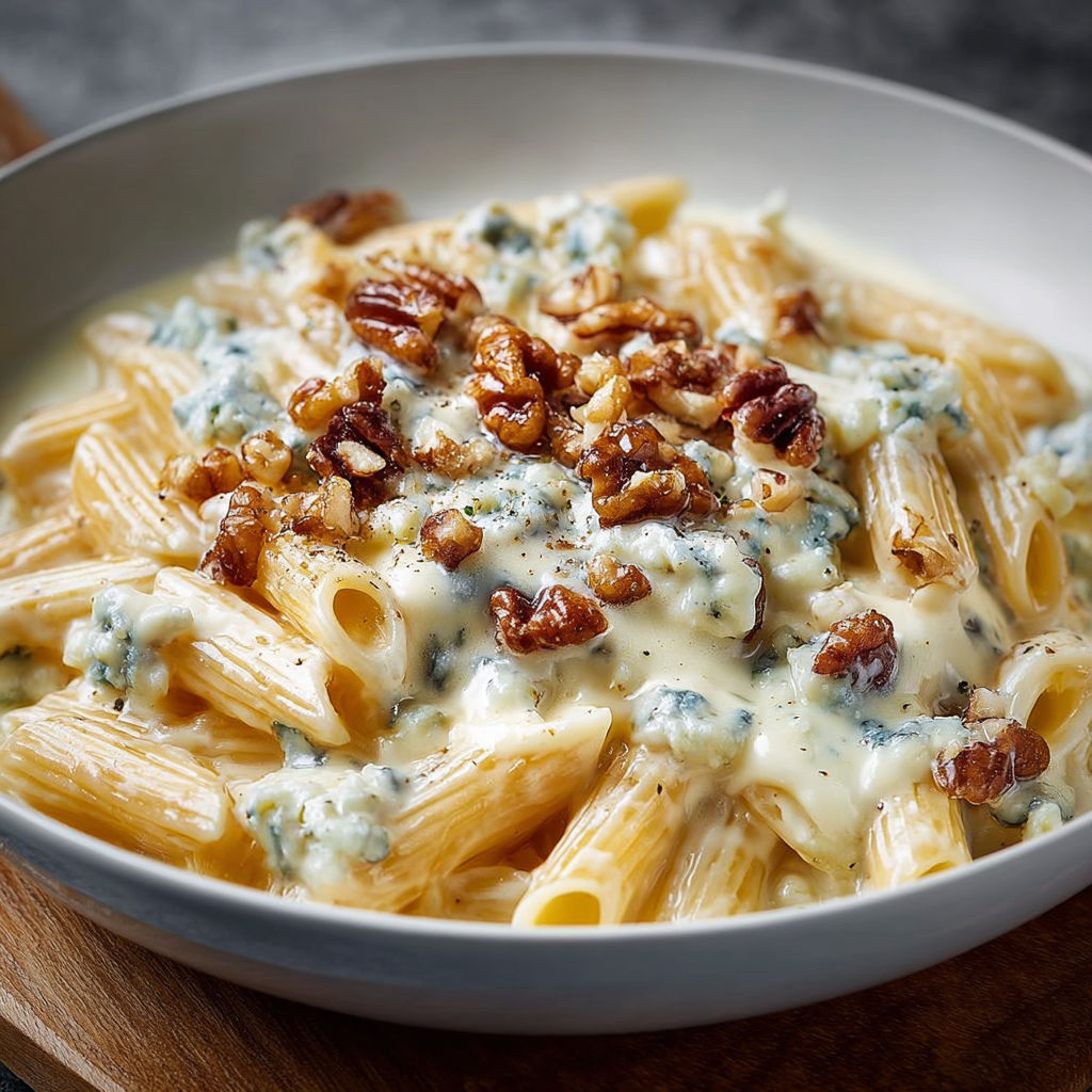 Une assiette de pâtes crémeuses au gorgonzola, avec des noix de cajou et des champignons, est servie sur un plateau.
