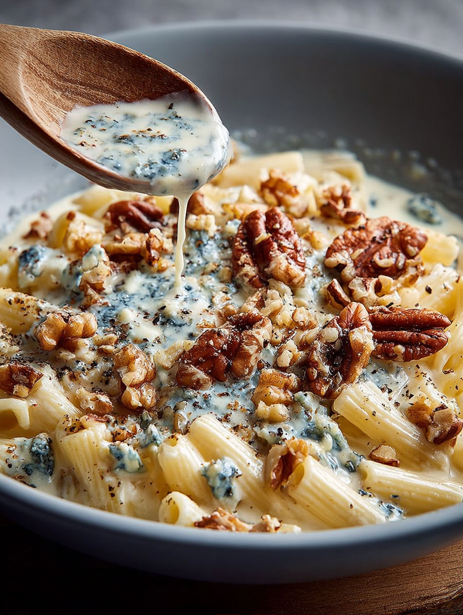 Assiette de pâtes gourmandes sauce gorgonzola et noix concassées.