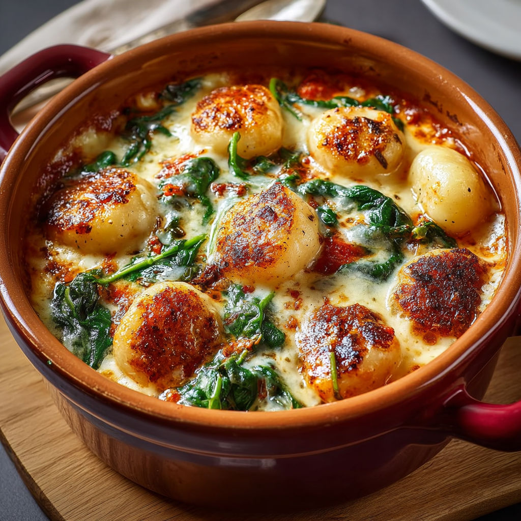 Cocotte réconfortante de gnocchis à la tomate, épinards et mozzarella fondante.