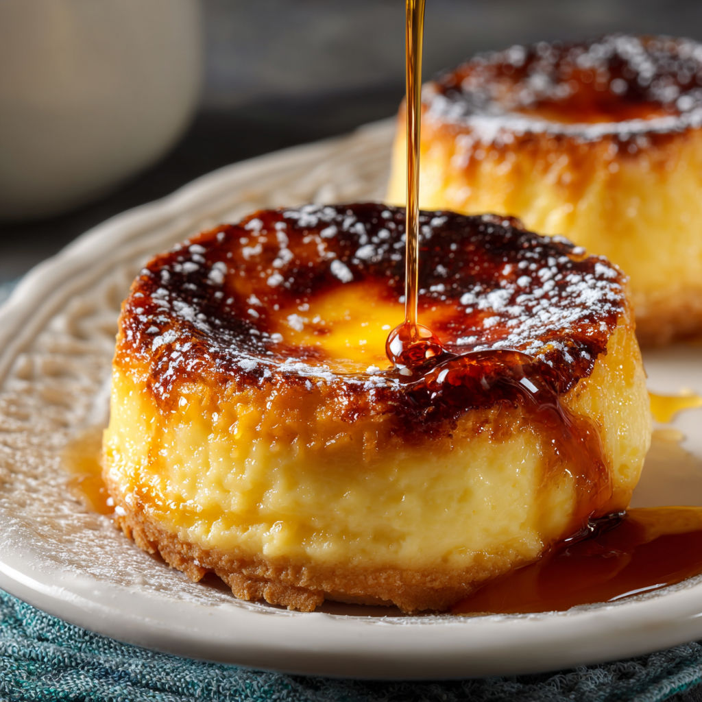 Un dessert flan en train de se faire, avec du caramel fondu dessus.
