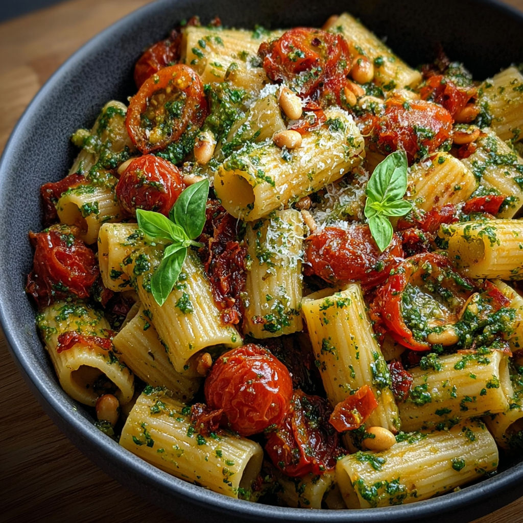 Assiette de rigatoni au pesto de basilic maison et tomates cerises.