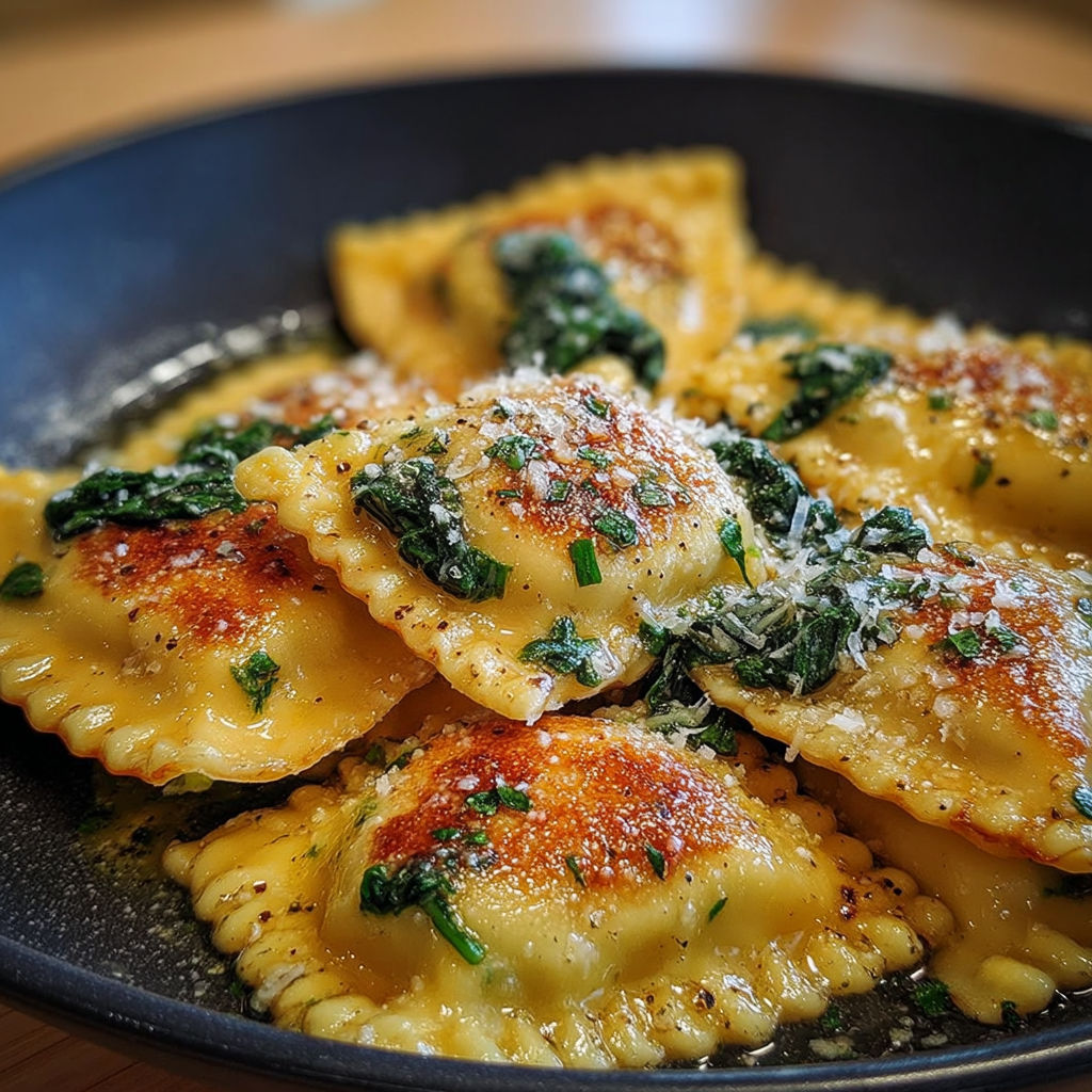 Raviolis maison ricotta et épinards dorés à la poêle avec du parmesan.